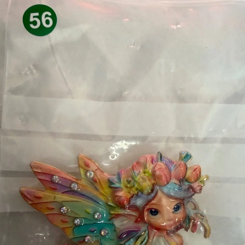 Whimsical Pastel Enamel Fairy Brooch Pin Gold Tone Rhinestone Cottagecore Pixie